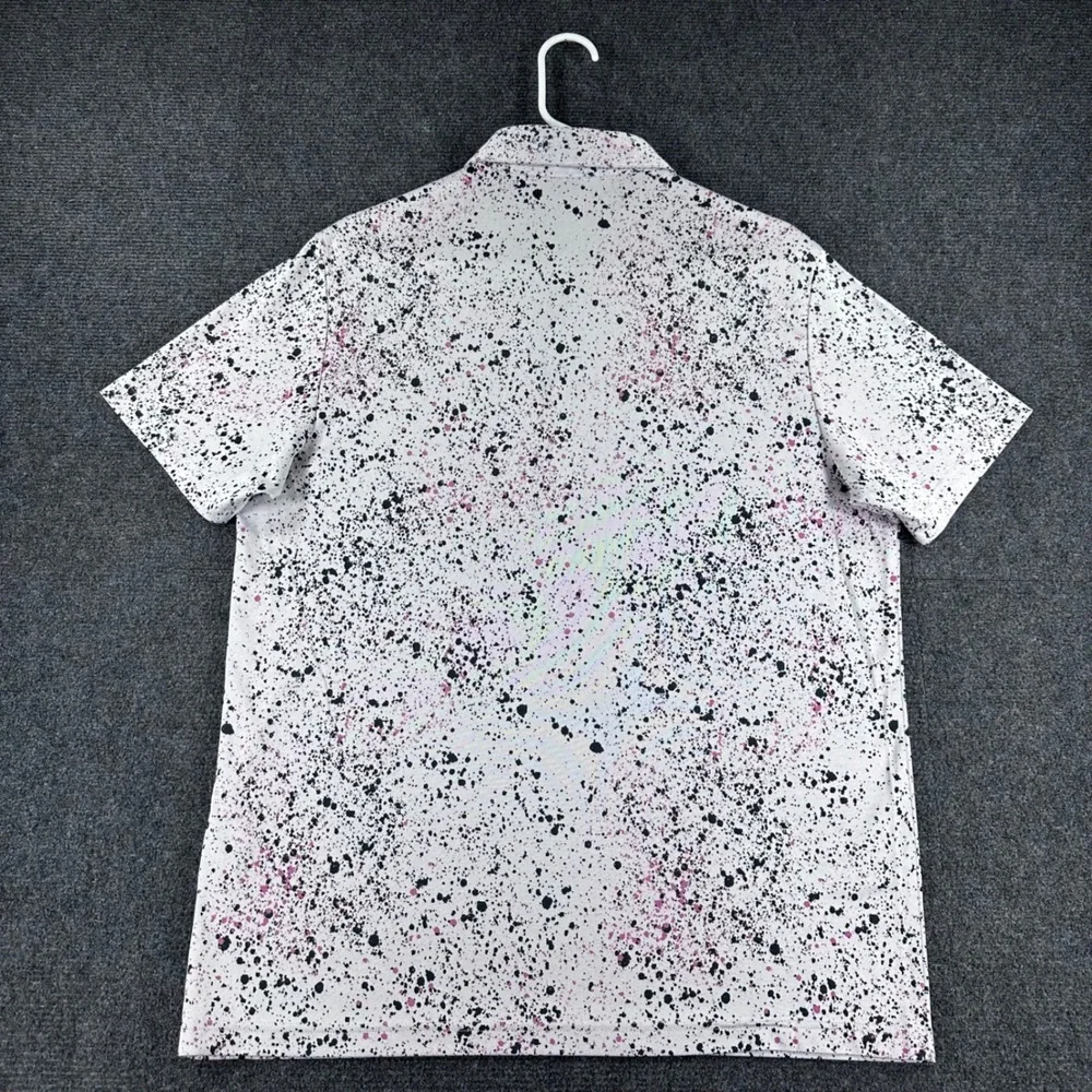 Adidas Polo Shirt Mens L Large White Paint Splatter Pink Black Golf Casual